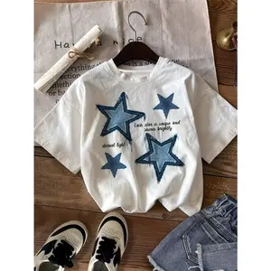 Blue Star Graphic Print T Shirt For Women Oversized Casual Crewneck Short Sleeve Soft Cotton Tee Trendy Streetwear Summer Outfit Top