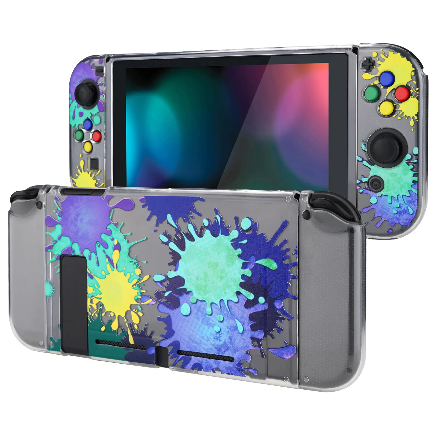 PlayVital Transparent Splattering paint Protective Case for Nintendo Switch, Soft TPU Slim Case Cover for Nintendo Switch Joycon Console with Colorful ABXY Direction Button Caps - Limited Stock Available, While Supplies Last