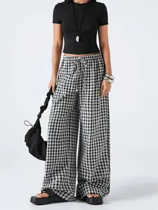 Casual Plaid Pants, Elastic Waist Lightweight Breathable Wide Leg Pants, Versatile Loose-Fitting Bottoms for All Seasons