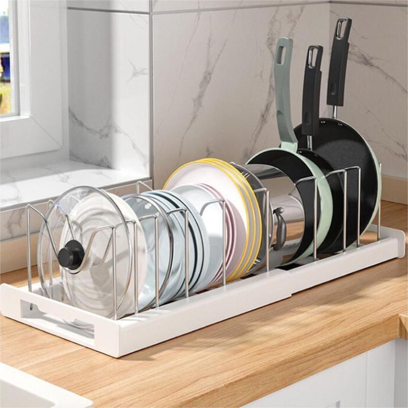 Expandable Pot and Pan Organizer Rack for Cabinet, Pot Lid Organizer Holder with 7 Stainless Steel Adjustable Dividers for Kitchen Cabinet Organizer and Storage (White)