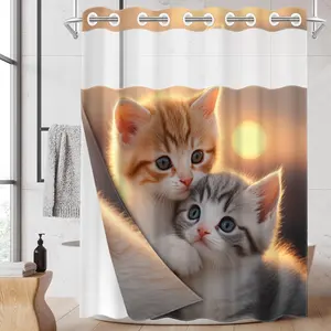 1pc hookless shower curtain with buckle lining, orange and gray twin cats embracing sunset design, 2D flat print, fabric waterproof lining, see-through double shower curtain, 71 x 74 inches, modern home draping curtain.