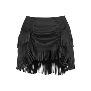 Black Suede Ruched Bustle Skirt w/Fringe