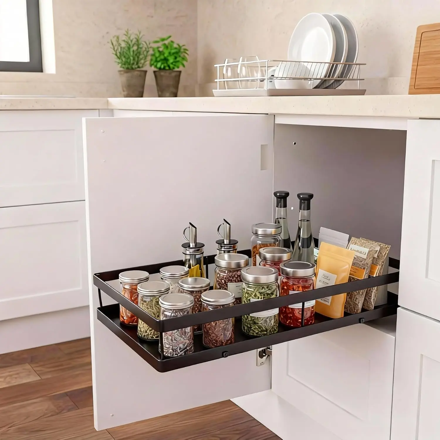Kitchen Cabinet Organizer Pull Out, No Drill Sliding Storage Basket for Pantry & Under Sink Storage, Cabinet Organization Rack