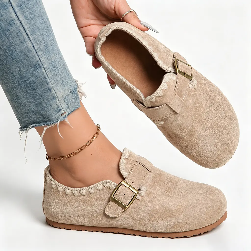Women's Casual Soft Synthetic Bohemian Faux Suede Flats - Slip-On Loafers with Crochet Braid Trim, Round Toe, Adjustable Buckle, Comfortable Shoe Footwear, Classic, Design, Adjustable Strap, Boho Flat, Padded Cushion