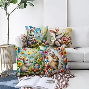 4pcs Easter Bunny Decorative Pillow Covers, Multiple Specifications Available, Multi - Color, Fluffy Bunny & Colorful Eggs Pattern, Soft Fabric, for Home Spring Decor, Happy Easter Themed Cushion Cases