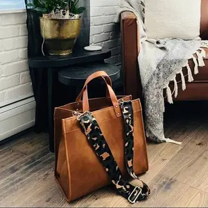 Campbell Tote | Choose Your Strap | Brown Leather Handbag with Leopard Print Design | Casual Day Bag for Travel