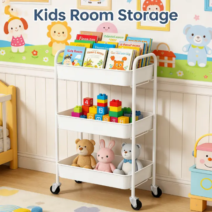 3-Tier Rolling Metal Storage Organizer Mobile Utility Cart with Caster Wheels White Adjustable Acrylic Straw Holder blade stand cork for Kitchen & Office Supplies Durable Powder-Coated Steel Frames Mesh Baskets shoe cabinet