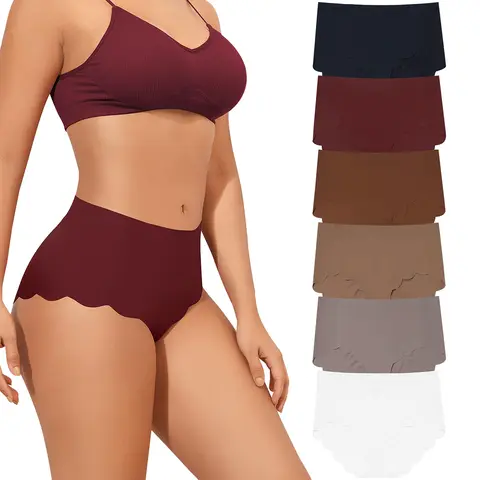 LEVAO High Waisted Seamless Underwear for Women Full Coverage No-Show Bikini Wave Edge Underwear Ice Silk Panties 6 Packs