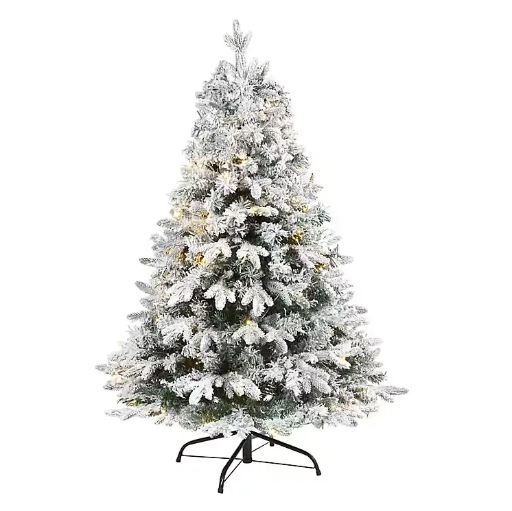 4 ft. Pre-Lit Flocked Vermont Pine Christmas Tree with 100 Clear LED Lights & Bendable Stems for Rustic Home Decor