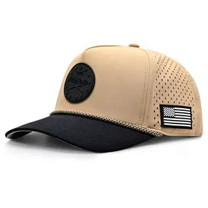 Curves & Clubs 1776 Black Patch American Golf Hat – Tan Performance Rope Cap – American Flag Side Patch