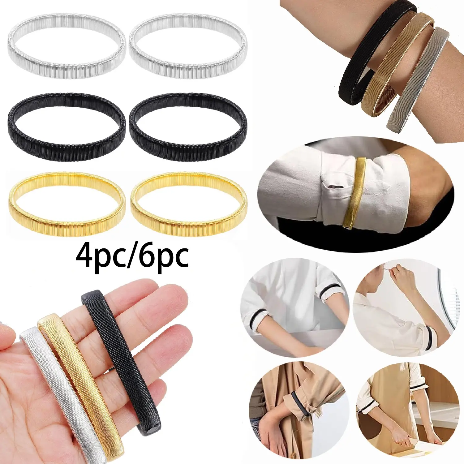 Anti-Slip Shirt Sleeve Holder, Elastic Metal Arm Band, Adjustable Sleeves Support Strap, Adjustable Size, Suitable for Men & Women, Comfortable Wear