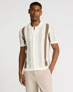 Express Textured Wavy Striped Cotton-Blend Short Sleeve Sweater Polo