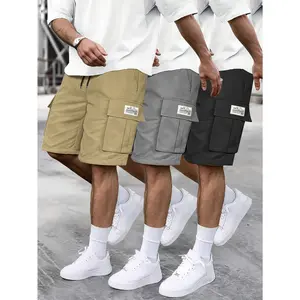 3-piece set of men's multi pocket workwear shorts, fixed color elastic drawstring waist elastic straight tube summer casual crop top shorts with multiple side pockets, practical shorts for daily outdoor use, men's casual breathable shorts, men's shorts