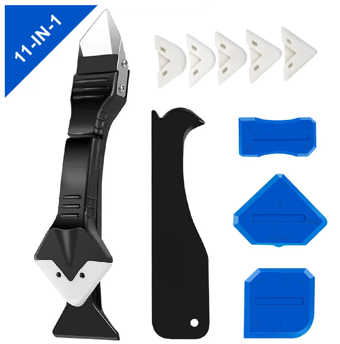 11Pcs Silicone Caulking Tools 3 in1 Grout Removal Tool(Stainless Steelhead)&Grout Remove Scraper, Caulk Remover for Kitchen/Bathroom/Window