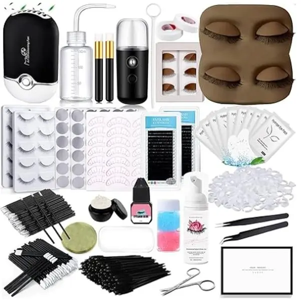Lash Extension Practice Kit - Makeup Training Set with Mannequin Head, Removable Eyelids, Eyelash Glue, Hydrating Facial Mister, Reusable Tools, USB Fan for Lash Curing & Beginner Makeup Artists