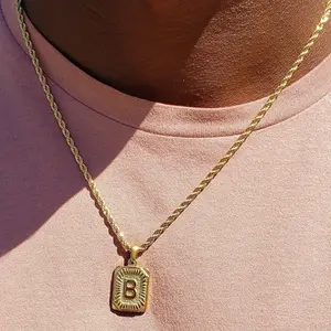 Men’s Square Initial Necklace – Stainless Steel Twist Rope Chain Pendant