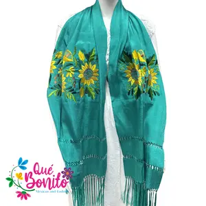 Traditional Silky Shawl Embroidered with Fringes on Both Sides.