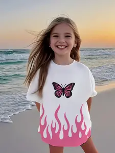 Cute Butterfly Print Short Sleeve T-Shirt for Girls, Casual Outdoor Wear, Soft and Versatile, Summer Fashion Top, 1 Piece