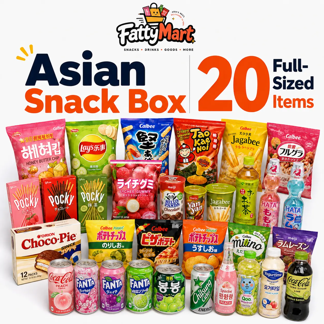Asian Snack Box - 20 Full-Size Japanese, Chinese, Korean Assortment with Snacks & Drinks for International Lovers