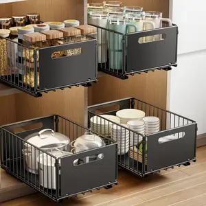 2 Pack Pull Out Cabinet Organizer, Slide Out Drawers for Cabinets, Peel and Stick, Heavy Duty Shelves for Kitchen, Cupboard, Pantry, Bathroom (14.76" D*9.65" W*7.87" H-Black)