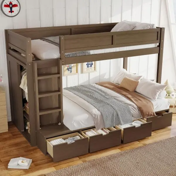 Bellemave Secure Twin-over-Twin Solid Wood Bunk Bed - 4 Storage Drawers, Built-in Wardrobe, Full-Length Guardrails, No Box Spring Needed, 92.90 x 55.50 x 63.00 Inches, Assembly Required, Beige + Natural + MDF + Pine + Plywood, Durable