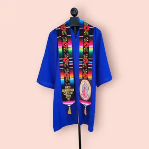 Mexican Sarape Graduation Stole, Red Hand Embroidered Roses, Virgen and Personalization