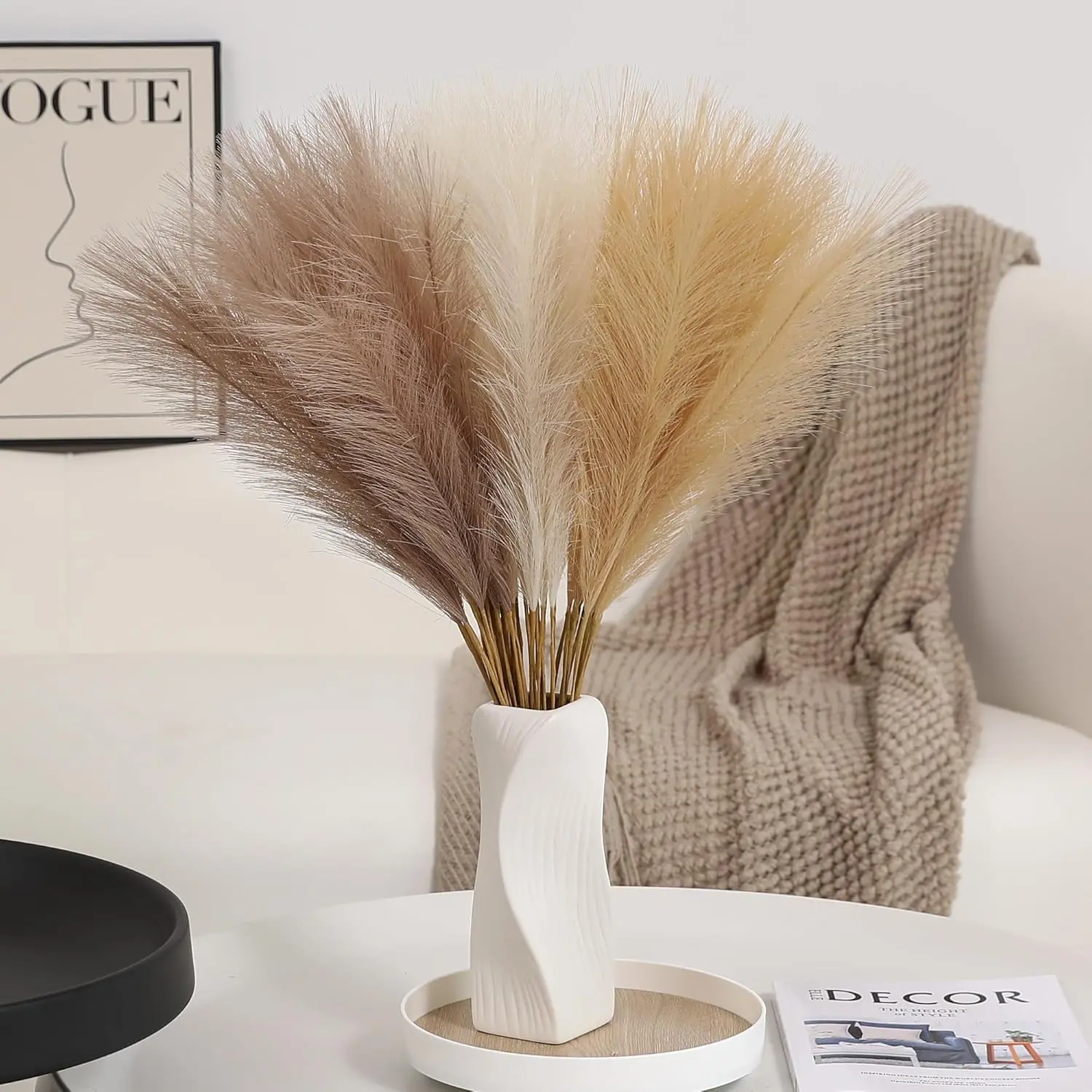 No Sharp Edges 24Pcs/48Pcs Boho Decor Faux Pampas Grass Dust-Free Large Tall Fluffy Eco-Friendly UV Resistant Artificial Fake Flower Bulrush Reed Grass for Vase Filler Farmhouse Home Wedding Decorations