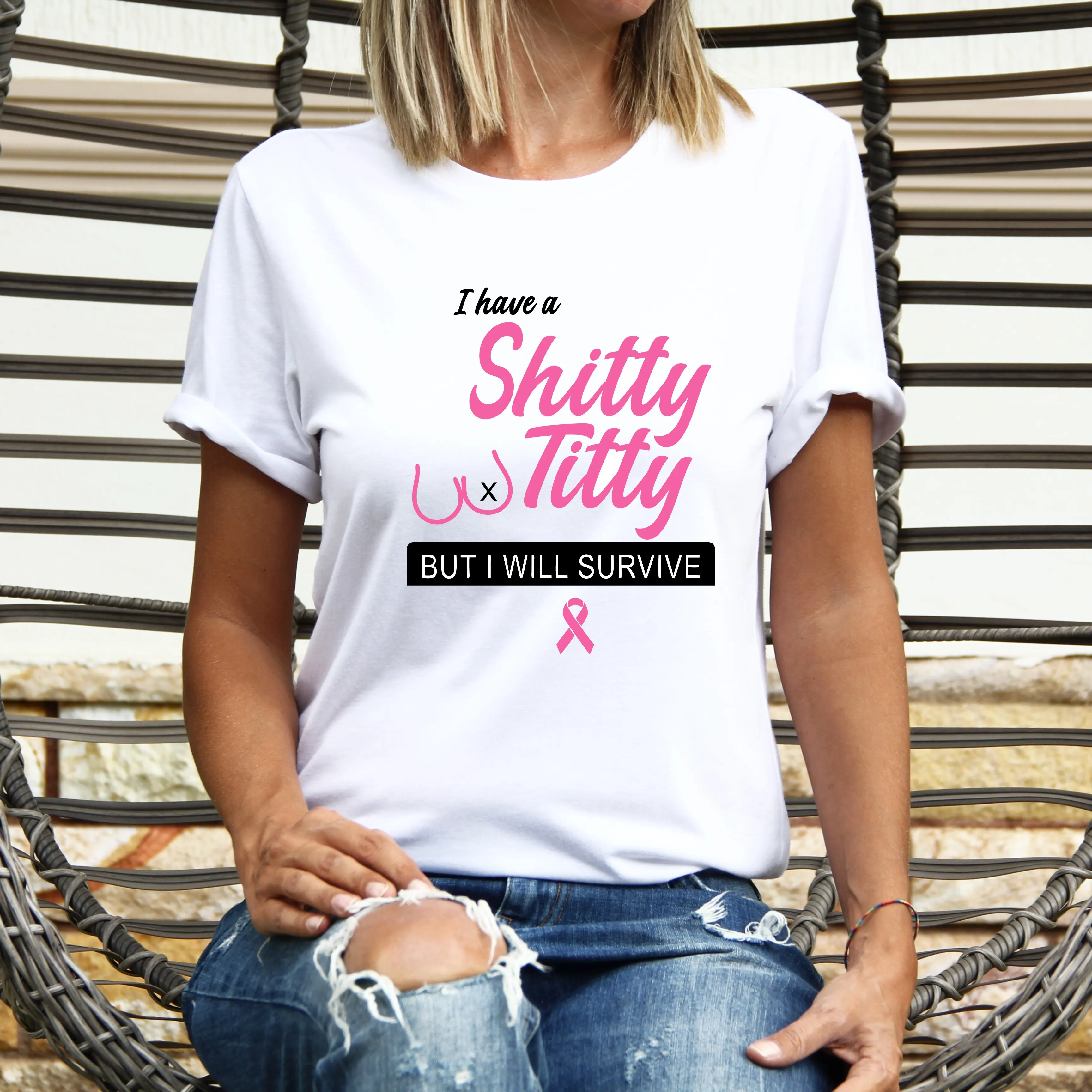 I Have a Shitty Titty But I Will Survive Shirt, Breast Cancer Ribbon T-shirt, Survivor Gift Tee, Fighter Tee For Mom, Pink Ribbon Short Sleeve.