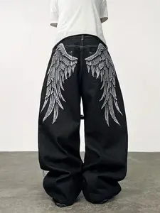 UPTHE Men's Angel Wing Embroidered Baggy Jeans Y2K Streetwear Wide Leg Black Oversized Denim Pants Hip Hop Casual Trousers
