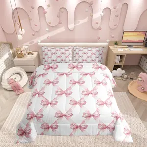 Feelyou Queen Size Microfiber Comforter Set - Princess-Themed Bedding for Kids Girls, Breathable Soft Blanket with Watercolor Bow, White Geometric Grids, Microfiber Cloth