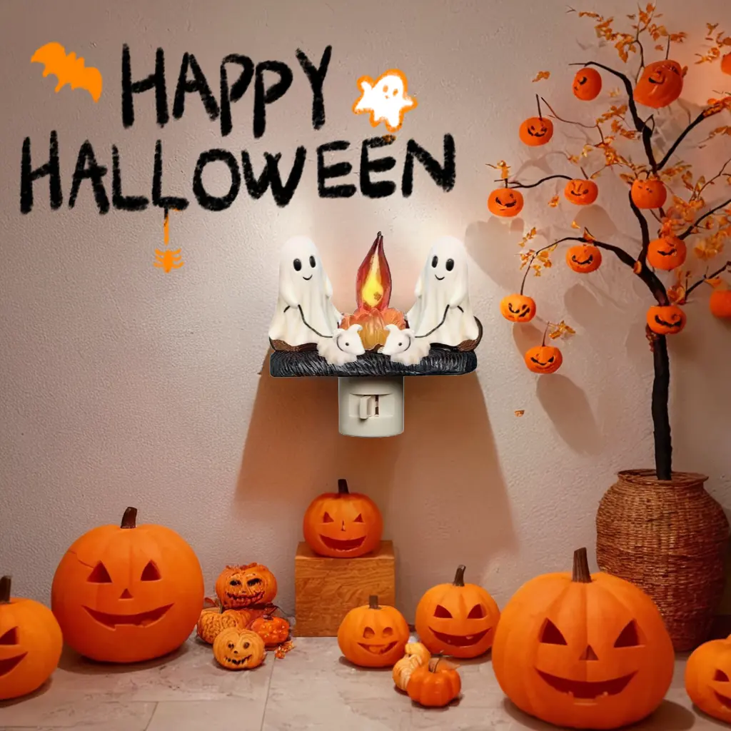 Hand Made Ghost Campfire Flickering Nightlight-Indoor Decorations,3D LED Small Electric Faux Campfire Night Light，2025 Ghost Roasting At Campfire Nightlight, Faux Campfire Night Light Plug into Wall,Spooky Fire Marshmallow Night Light Halloween Gifts
