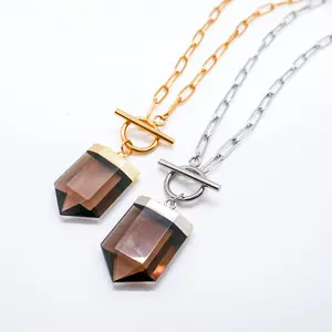 Rebirth Jewelry Natural Smoky Quartz Toggle Necklace with Adjustable Paperclip Chain & Toggle Clasp for Everyday Wear