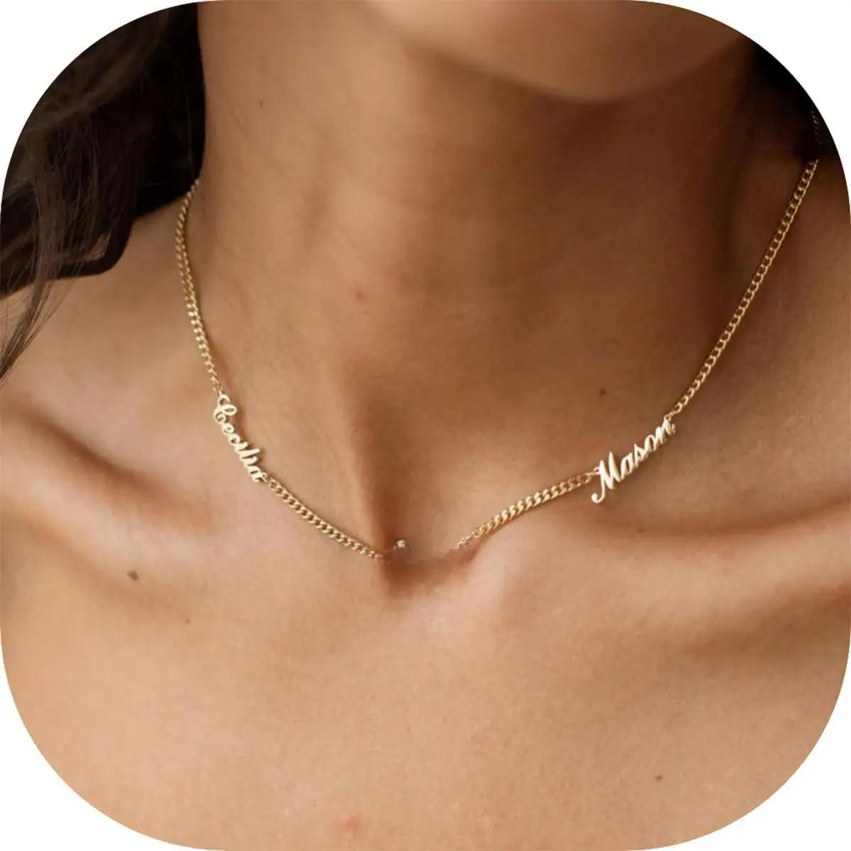 Personalized Name Necklace with Curb Chain, 18K Gold Plated Handmade Custom Family Choker, Customizable with Name or Nameplate, Elegant Design