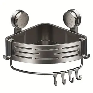 1 piece/single-layer space-saving suction cup bathroom rack - Strong suction cup, No drilling required, powerful triangular rack with hooks, suitable for shower and toilet walls/tiles, multi-functional storage organizer