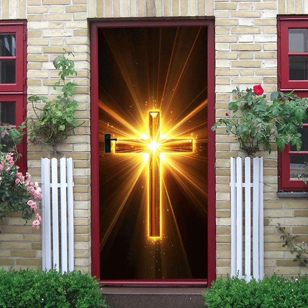 2pcs Golden Cross Wall Sticker Christian Religious Decor Self Adhesive Waterproof Removable Vinyl Decal for Living Room Bedroom Home Decorations Religious Art Festival Gift