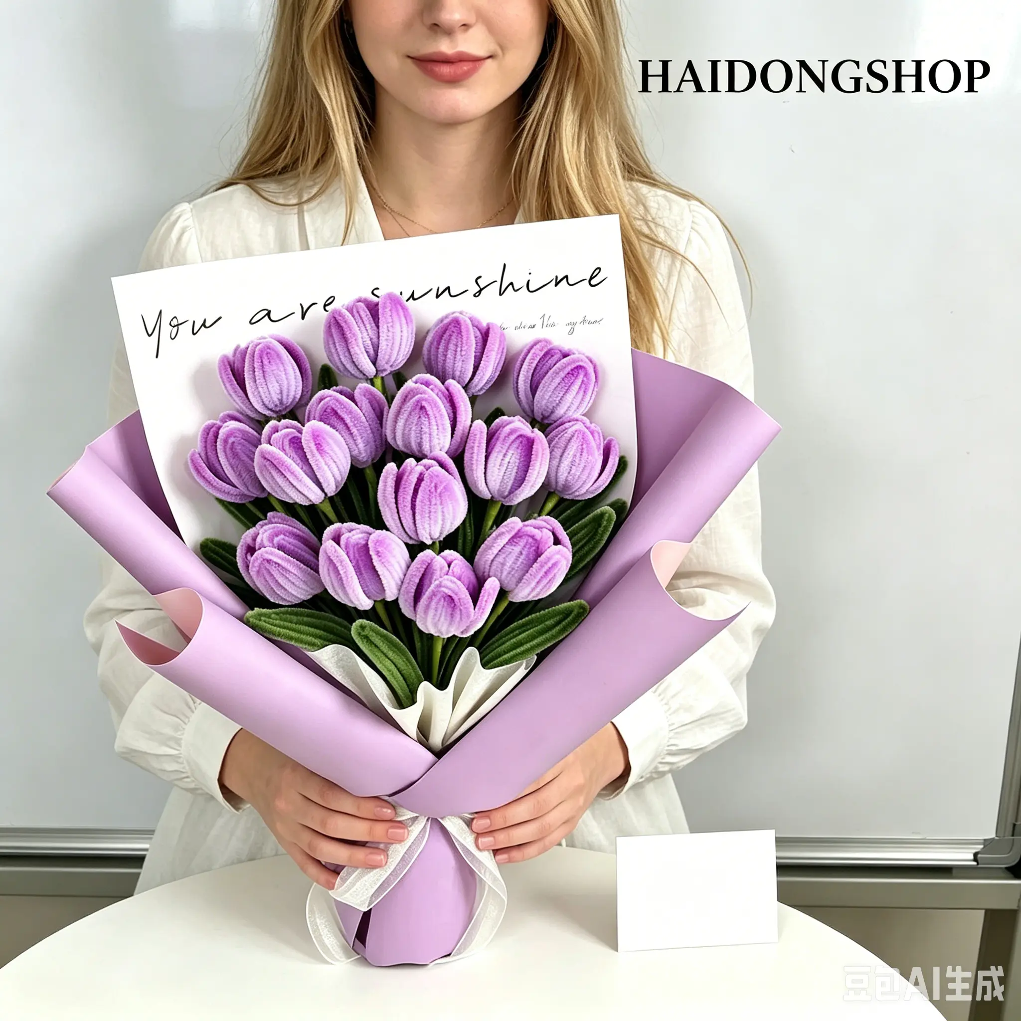 DIY handmade woven purple tulip bouquet, handmade twisted tube tulip ornament, small 30 cm purple bouquet with gift wrapping paper, suitable for desktop decoration.