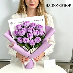 Finished DIY Hand Knit Purple Tulip Bouquet, Handmade Twist Pipe Tulip Arrangement, Small Size 30cm Purple Flower Bouquet with Wrapping Paper for Gift Table Decor