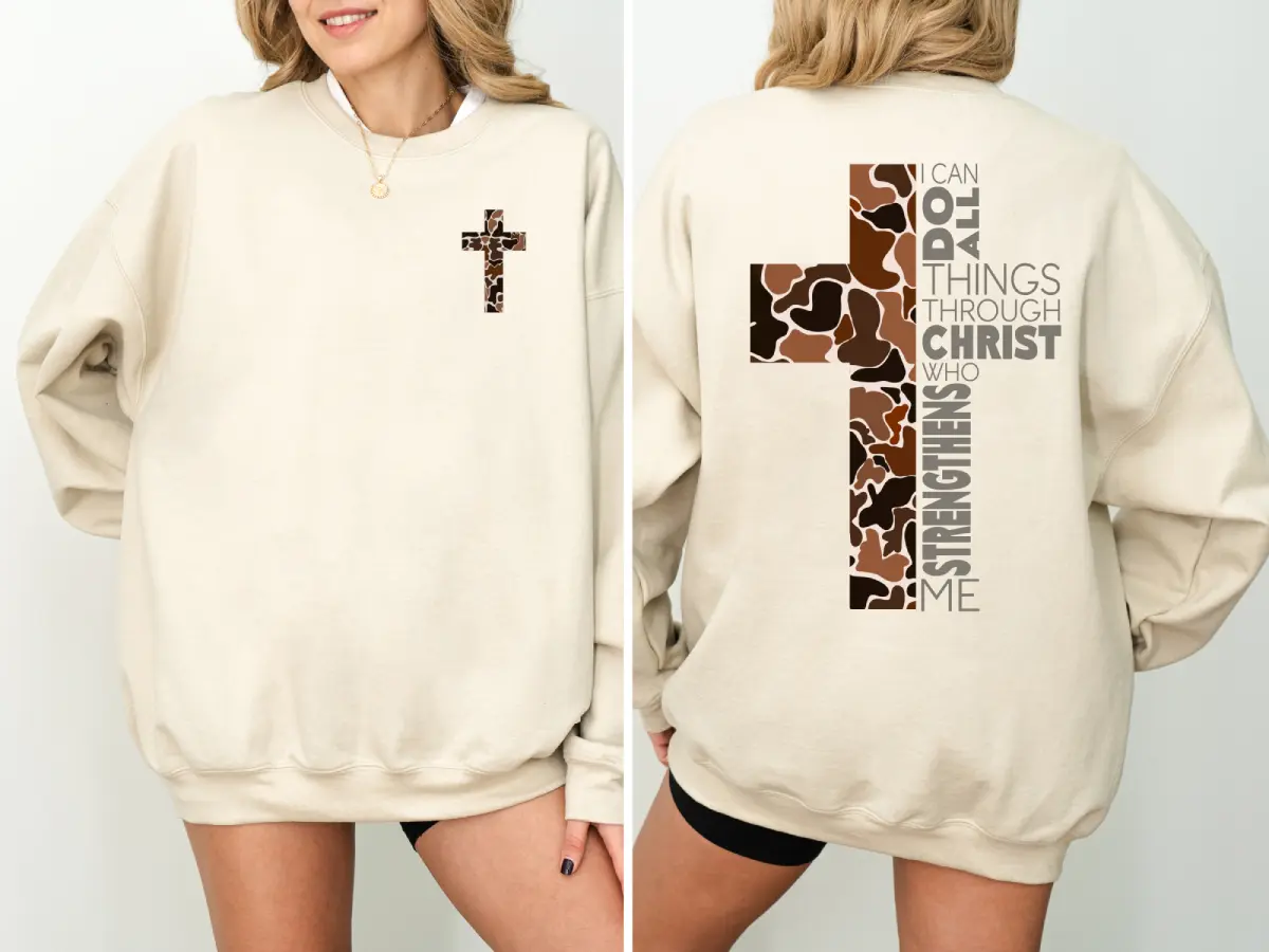 Christian Camo Cross Sweatshirt, Jesus Sweatshirt, Philippians 4:13 Verse, Faithful Believers & Outdoorsmen, Inspirational Graphic Tee for Daily Wear