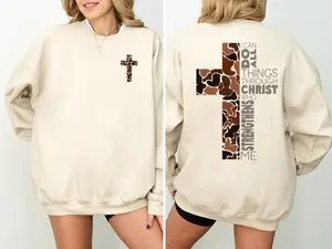 Christian Camo Cross Sweatshirt, Jesus Sweatshirt, Philippians 4:13 Verse, Faithful Believers & Outdoorsmen, Inspirational Graphic Tee for Daily Wear