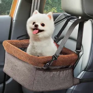 Dog Car Seat for Small Dogs, Dog Booster Seat with Metal Frame, Doggy Pet Car Seat with Washable Thick Cushion Safety Leash and Storage Pockets,Brown