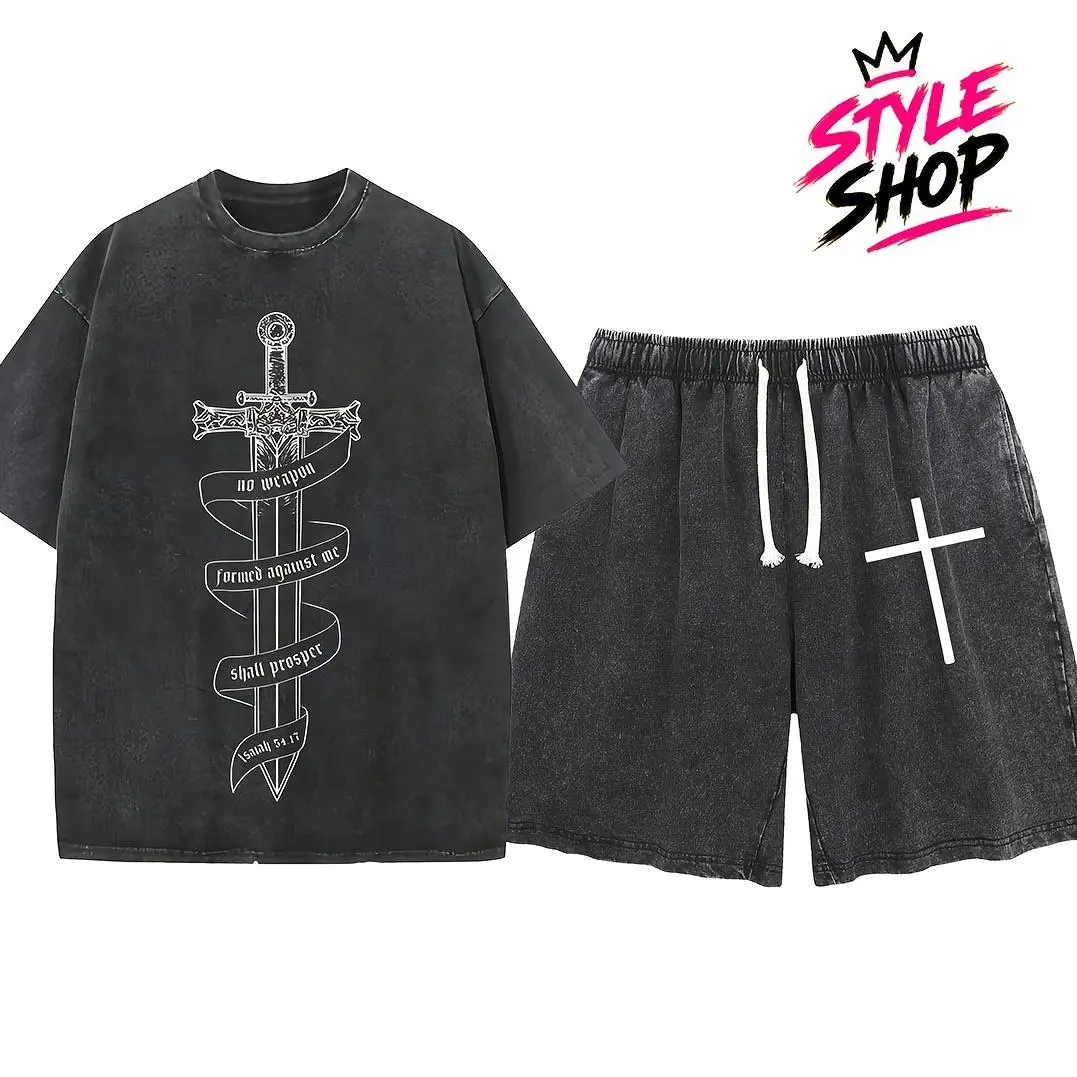 Vintage washed 2-piece set, sword scripture ribbon graphic tee, simple cross print shorts, faith themed streetwear outfit
