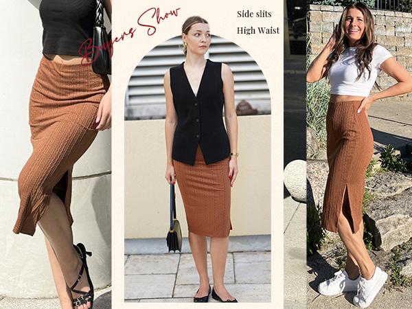 ZEAGOO Womens Knit Midi Skirts Casual Pencil Skirt High Waisted Long Skirts with Slit Elegant Work Office Skirts