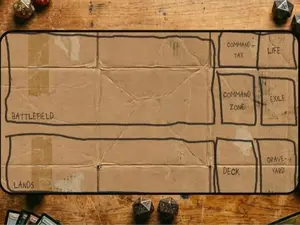 Homeless Man TCG Playmat | Funny Play Mat | 12" x 22" Neoprene Game Mat | Cardboard Design | EDH Playmat | Hemmed Sewn Edge