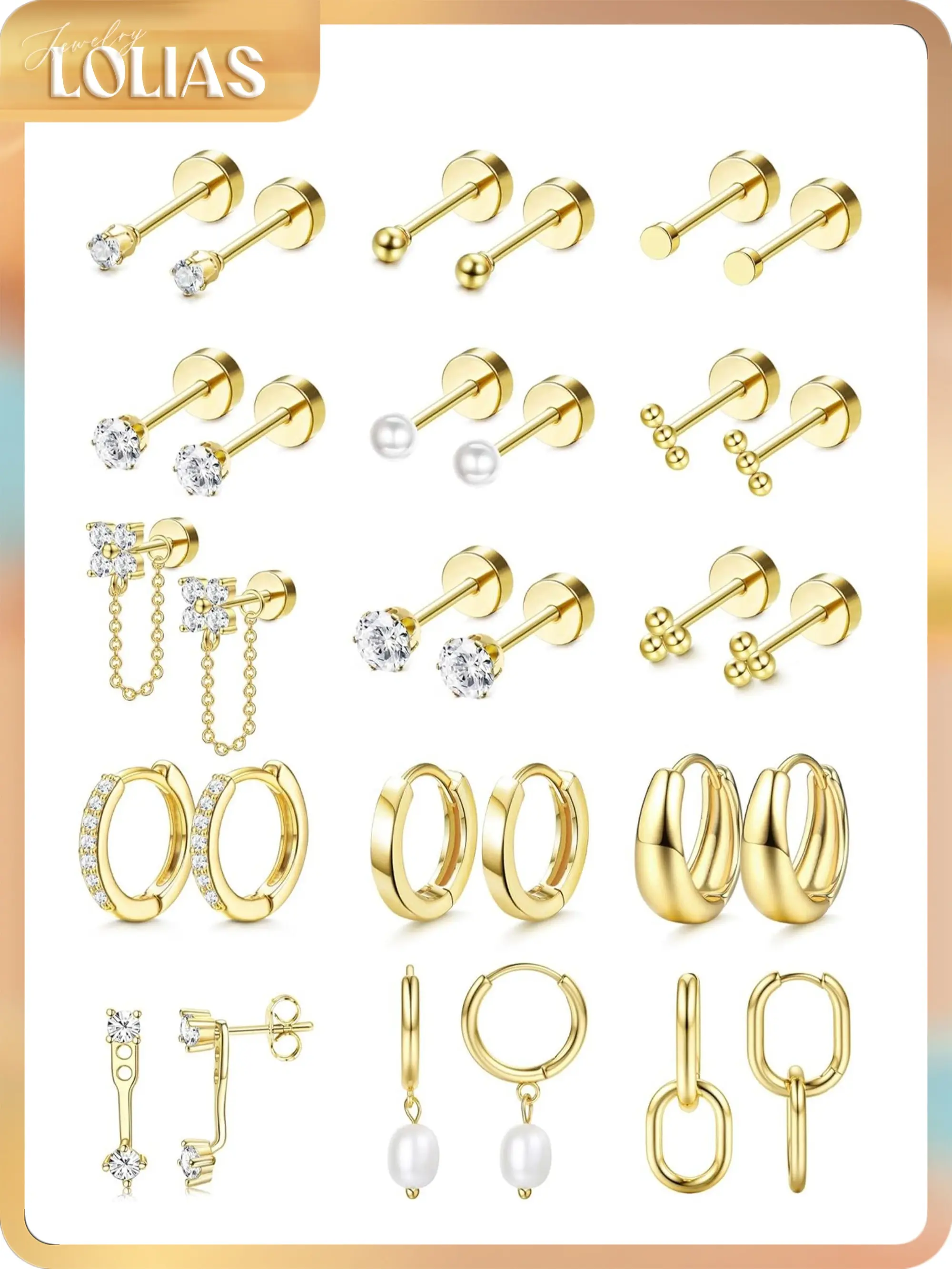 LOLIAS Women's 20G Hypoallergenic Surgical Steel Flat Back Earring Stack Set - Non-Tarnish Cubic Zirconia Earrings Jewelry, Gold Hoops, Ear Studs, Dangles for Sensitive & Multiple Piercings, Daily Wear Accessories for Women, Womens Gifts