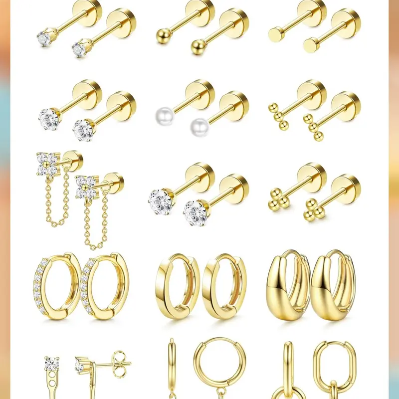 LOLIAS Women's 15-Pair 20G Gold Plated Surgical Steel Earring Stack Set - Hoops, Studs, Dangles, Comfy 10mm Hypoallergenic Tarnish Proof Flat Backs for Sensitive Ears, Jewelry for Women, Accessories for Women, Gifts