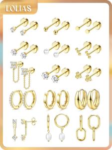 LOLIAS Women's 20G Hypoallergenic Surgical Steel Flat Back Earring Stack Set, Non Tarnish Tarnish Proof Cubic Zirconia Jewelry for Women, Gold Hoops & Studs for Sensitive Ears & Multiple Piercings, Daily Wear