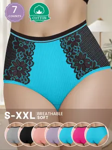 Women's Cotton Lace High Waist Panties, 7 Pack, S-Xxl, Breathable Soft Multi Color, Ribbed Striped, Comfort Fit, All Seasons