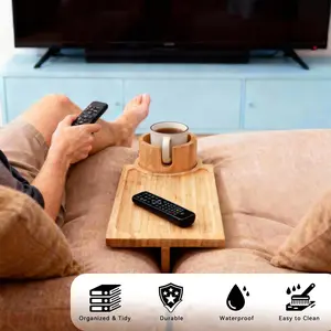 Bamboo Couch Gap Cup Holder Tray - 3-in-1 Removable Anti-Slip Snack Organizer with 360° Rotating Cup Holder, Armrest Table for Sofa/Recliner, Remotes & Phones