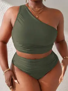 Plus Size Women's Solid Color One-Shoulder Sleeveless Casual Tankini Swimwear Set High Waist Ruched Rib-Knit Bikini Bottoms for Summer Beach