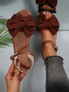 Summer New Fashion Bow Flat Heel Slip-On Casual Women's Sandals, Back Elastic Strap Open Toe Outdoor Wear, Rubber Sole, Fashionable Flat Sandals